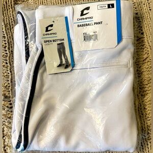 NWT Champro youth baseball pants, size Large, white w/navy side strip